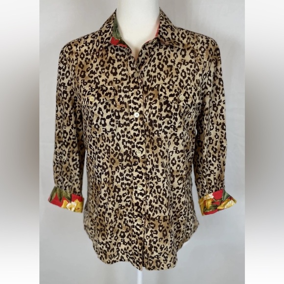 Jones New York Signature Leopard Floral Long Sleeve Button Down Shirt Cotton M - Picture 14 of 14